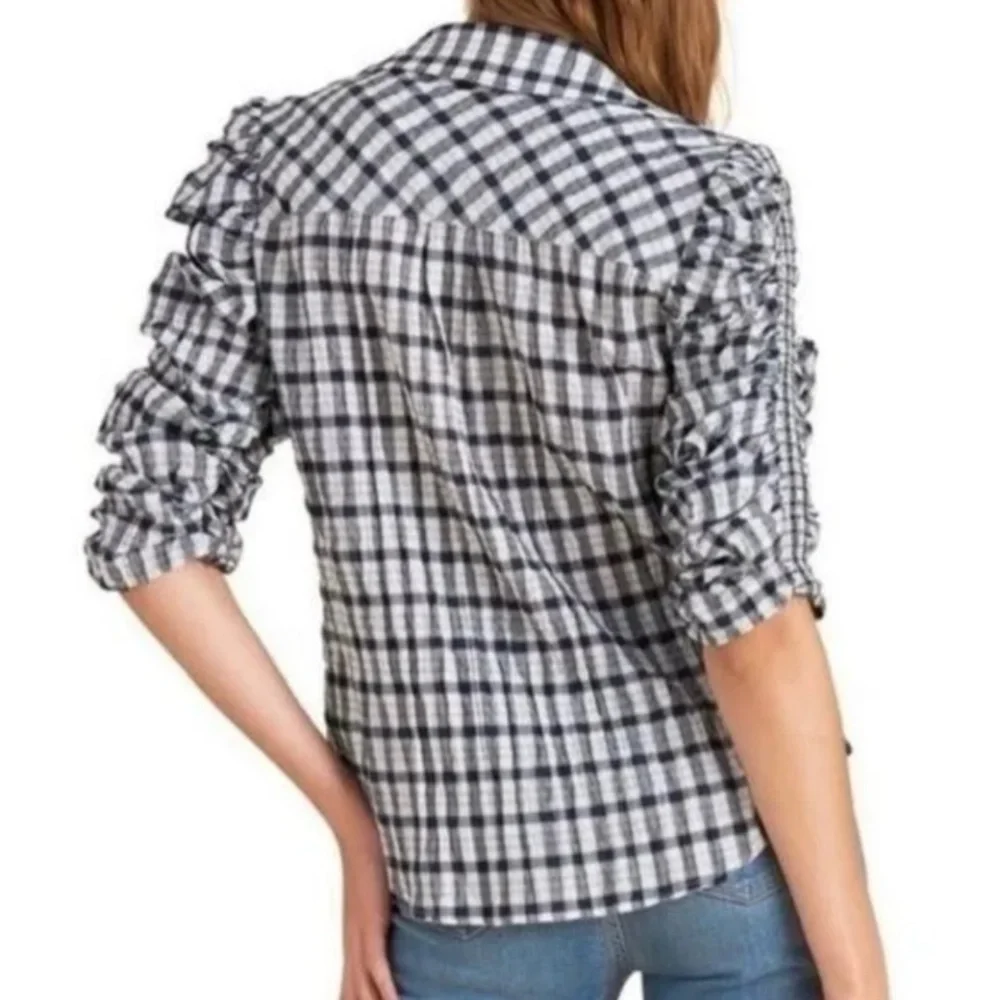Veronica Beard Navy and White Plaid Ruched -Sleeve Blouse
